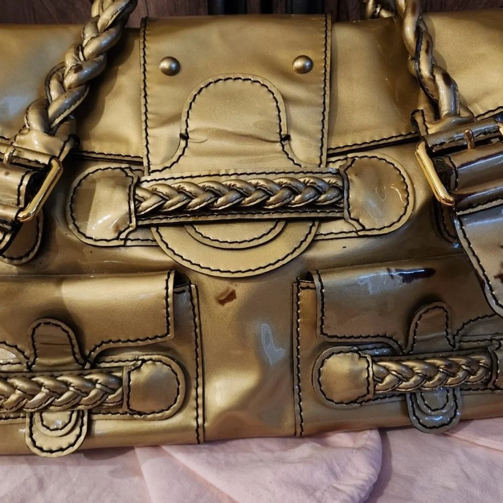 🟠NWT VALENTINO GARAVANI Histoire Braided Handle Patent Leather Satchel in Gold